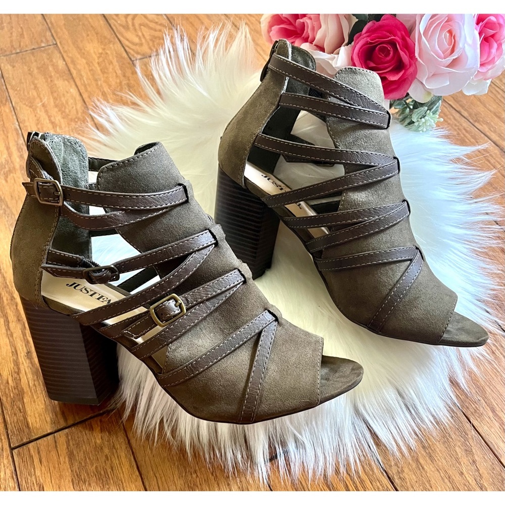 JustFab Strappy Peep Toe Bootie with 3.25 inch chunky heel